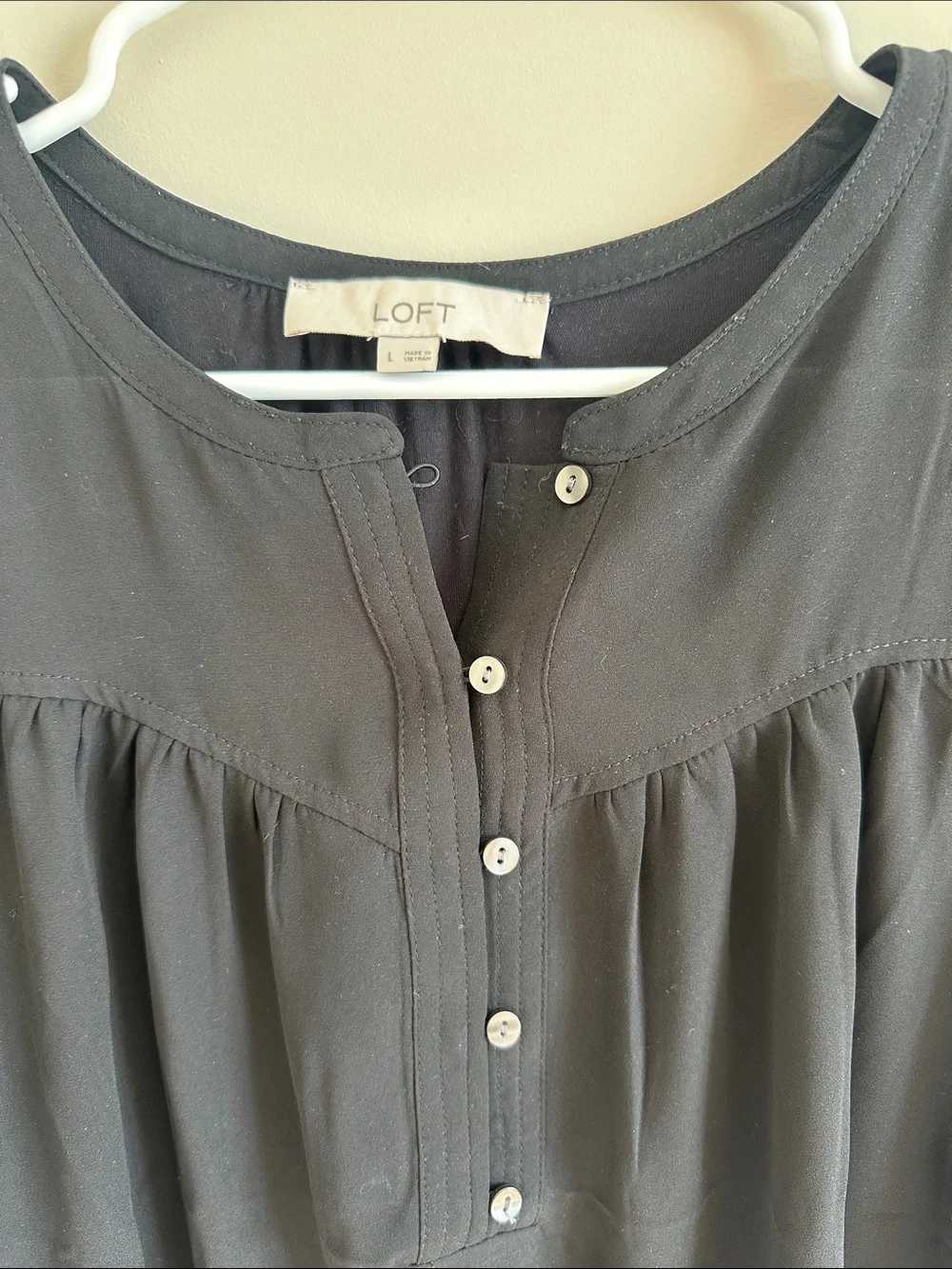 LOFT Black Short Puff Sleeve Henley Blouse with Knit Back
